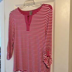 Chico's Pink and White Striped Long-Sleeve Notch-Neck Top